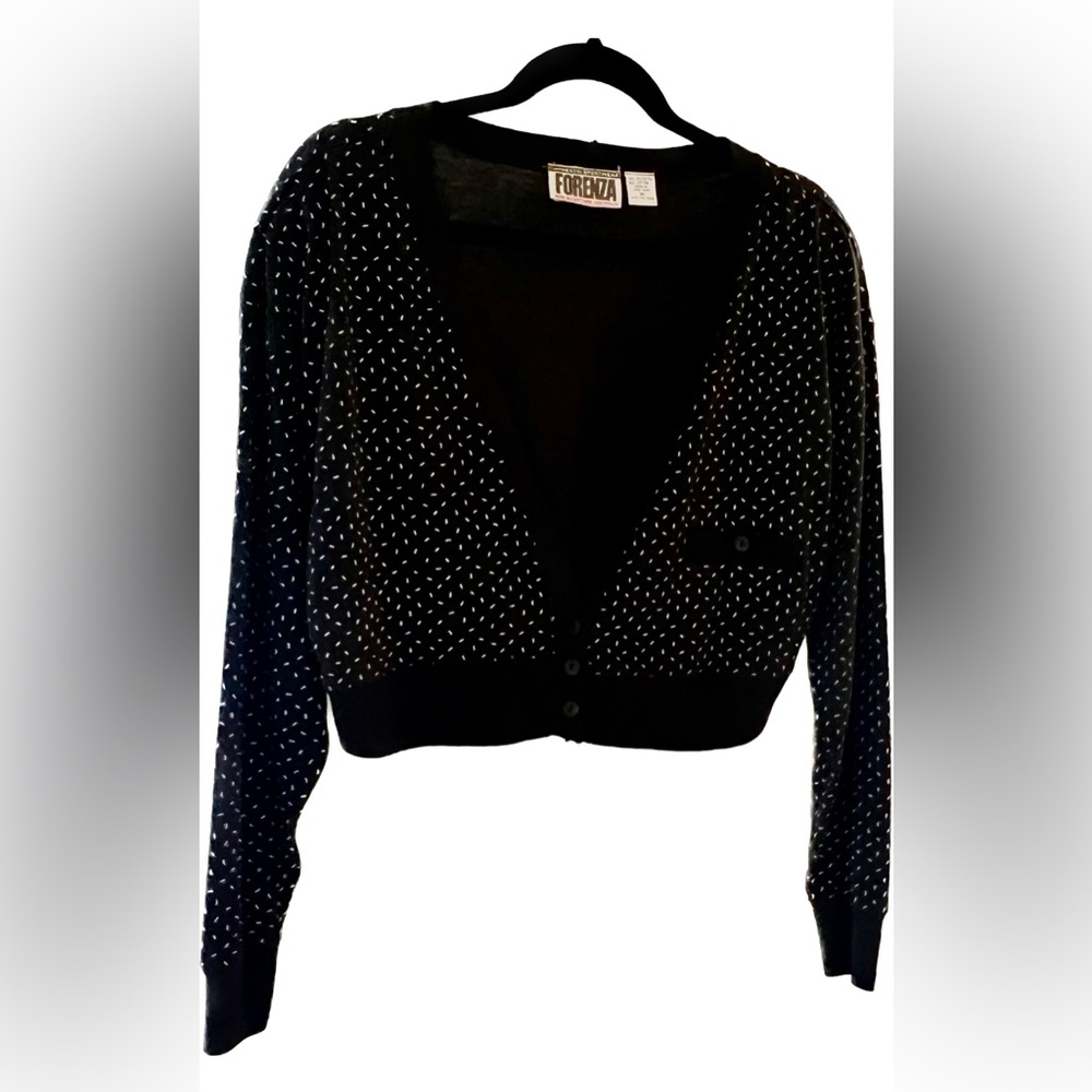 Vintage 80s 3 Button Crop Cardigan | Large | Black Pattern | Retro